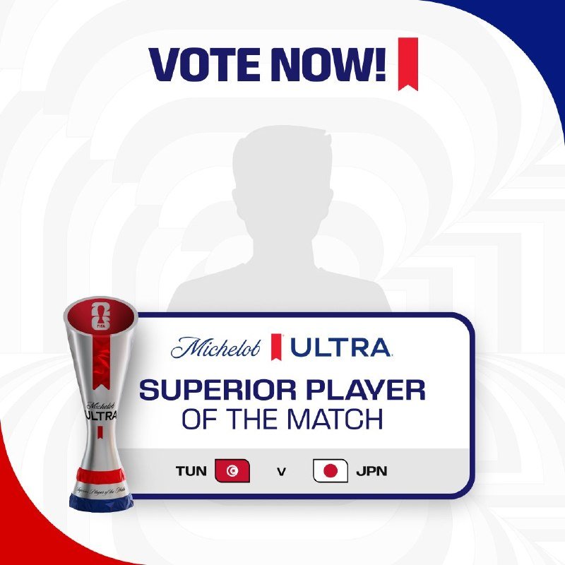A digital graphic promoting a "Michelob ULTRA Superior Player of the Match" vote for a Tunisia vs. Japan match, featuring a silver trophy silhouette and a blank player placeholder.
