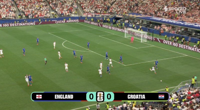 A televised football match shows England vs. Croatia tied 0-0 at halftime, with players on the pitch surrounded by a packed stadium featuring Qatar Airways advertising.