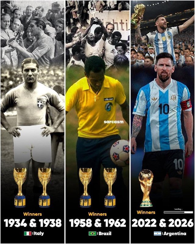 A three-panel graphic compares FIFA World Cup winners across eras, showing vintage and modern photos of players from Italy, Brazil, and Argentina above their respective trophies and winning years.