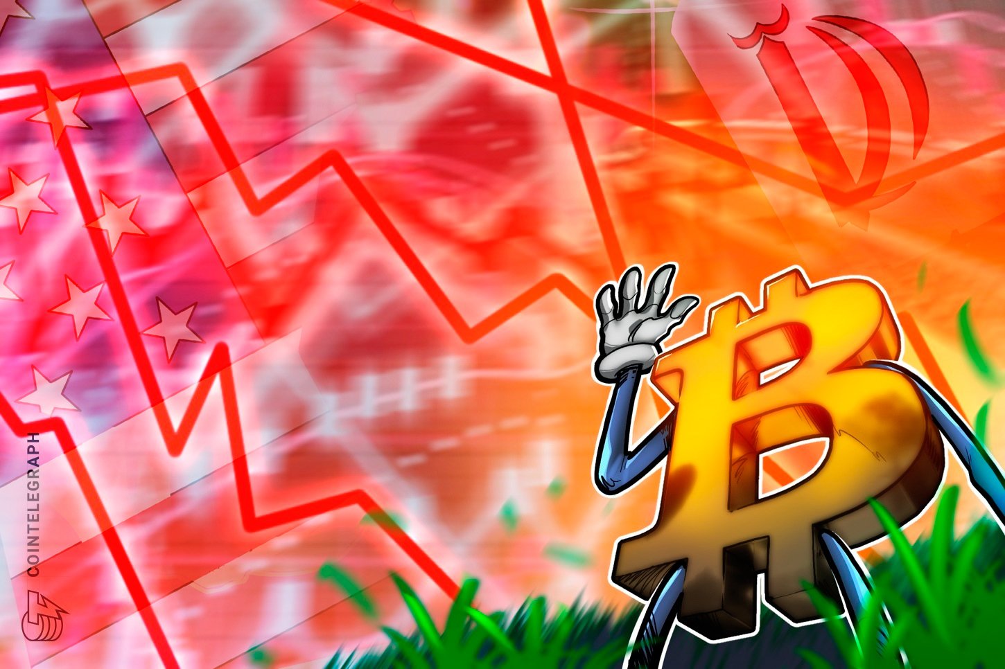 Illustrated graphic: a distressed Bitcoin character wearing white gloves stands in grass against a fiery red and orange background with a downward red zigzag line.