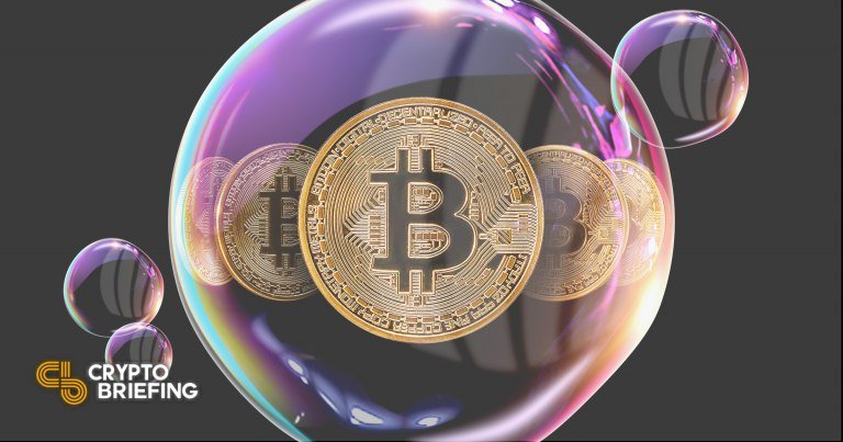 Digital illustration showing three gold Bitcoin coins inside iridescent soap bubbles, with a "Crypto Briefing" logo in the corner.