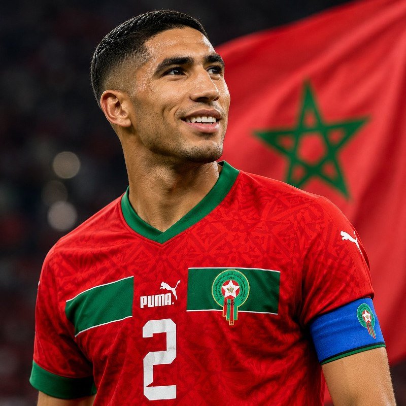 A smiling soccer player wearing a red Morocco jersey with the number 2 stands in front of a waving Moroccan flag featuring a green star.