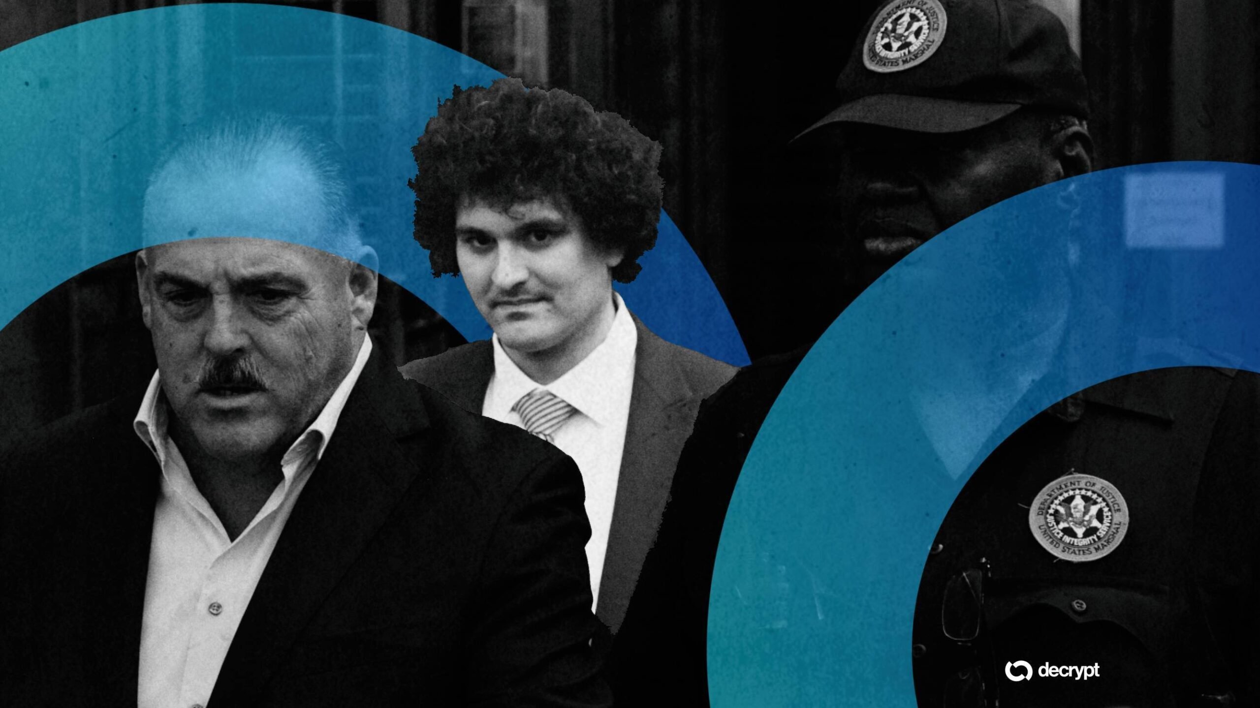 A black-and-white photo collage shows three men—one bald with a mustache in a suit, one with dark curly hair in a tie, and one in a U.S. Marshals cap—with blue graphic overlays and a "decrypt" logo.