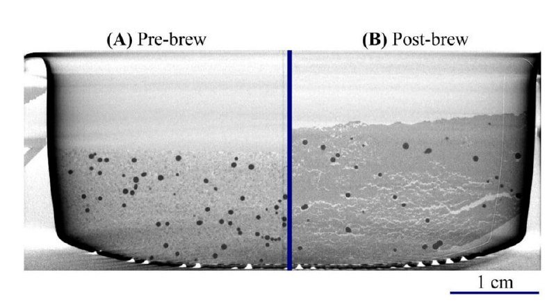 Side-by-side grayscale radiographic comparison labeled "(A) Pre-brew" and "(B) Post-brew" shows a coffee bed with visible bubbles and cracks, scaled to 1 cm.