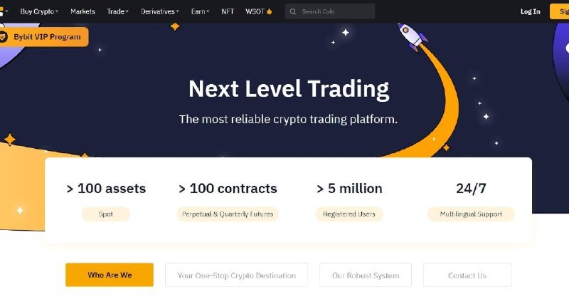 A dark-themed website homepage displays "Next Level Trading - The most reliable crypto trading platform" alongside an illustrated rocket graphic and statistics highlighting assets, contracts, users, and support availability.