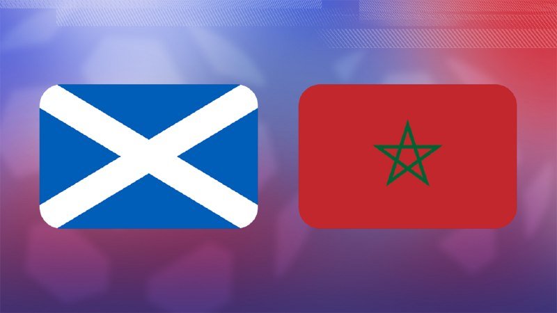 Graphic illustration showing the flags of Scotland and Morocco side by side against a blurred purple and blue background.