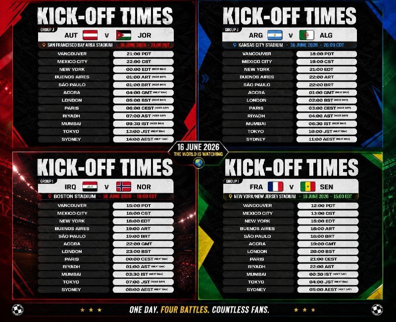A graphic displays kick-off times in global cities for four football matches scheduled for June 16, 2026.