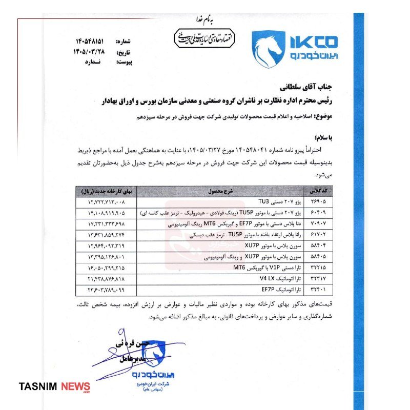 A Persian-language document from KCO (Khatam-al-Anbiya Construction Headquarters) displaying a price list table with contract codes, product descriptions, and unit prices, dated 1405/02/28.