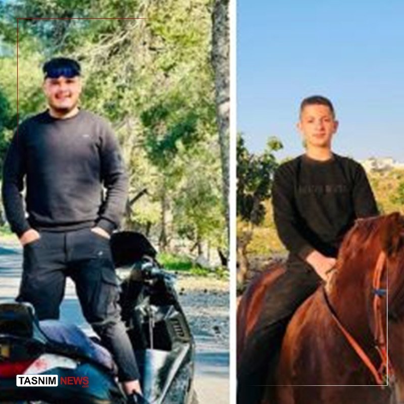 Split image showing a young man standing beside a motorcycle on the left, and another young man riding a brown horse on the right, with a "TASNIM NEWS" watermark.