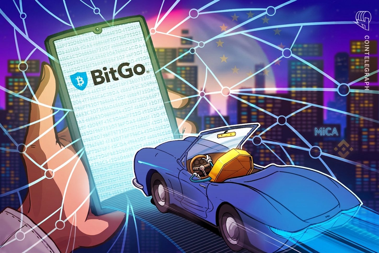 Illustration: a hand holding a phone displaying the "BitGo" logo over a blockchain code backdrop, alongside a blue convertible carrying a Bitcoin-styled parcel, set against a neon cityscape with "MiCA" text.
