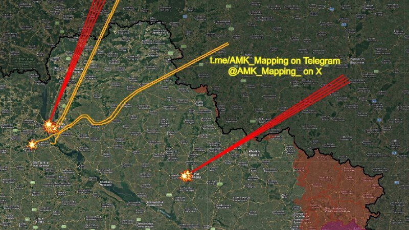 A satellite map overlaid with red and yellow directional arrows and explosion icons, labeled "Lme/AMK_Mapping on Telegram" and "@AMK_Mapping_on X."