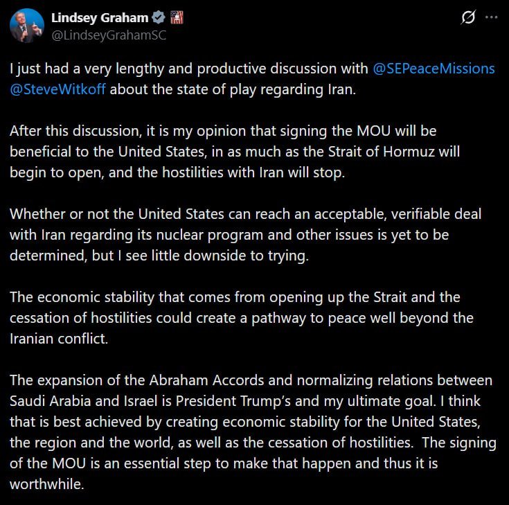 A tweet from a verified account displays a statement about a discussion regarding Iran, the Strait of Hormuz, and the Abraham Accords.