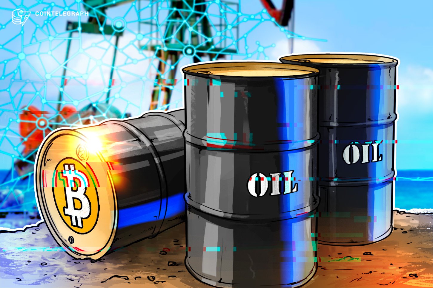 Illustration showing a Bitcoin-branded barrel beside two oil drums, with an offshore oil rig and digital network graphics in the background.
