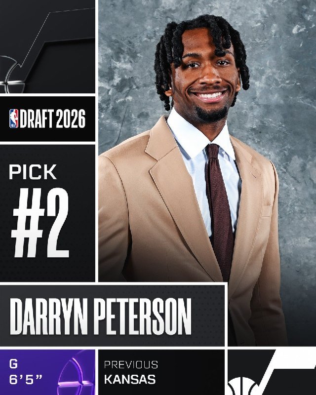 A graphic displays "NBA DRAFT 2026 PICK #2 DARRYN PETERSON" alongside a smiling young man in a tan suit and tie.