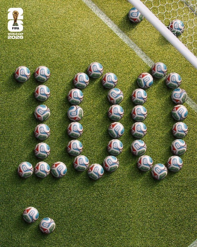 Numerous white, red, and teal soccer balls are arranged on a green field near a goal net, with a "FIFA World Cup 2026" logo in the corner.