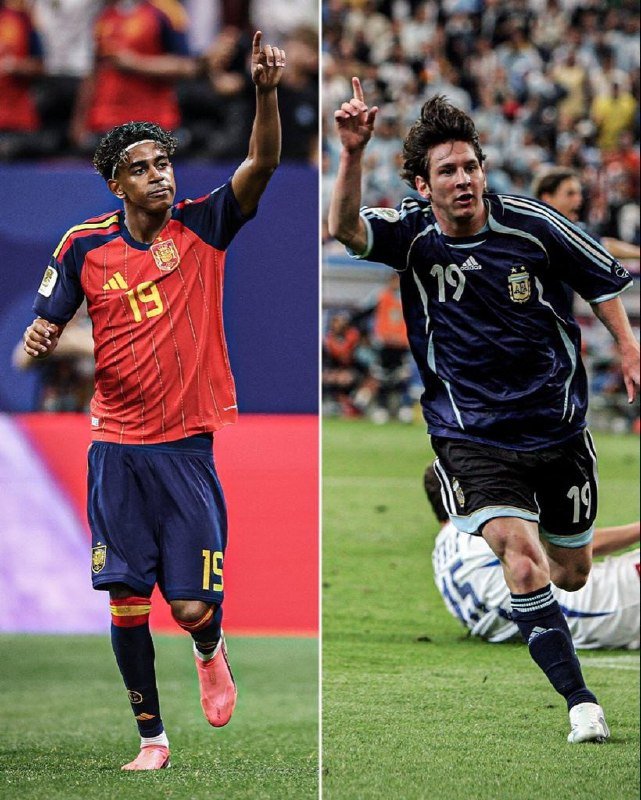 A split image shows two soccer players, both wearing the number 19, each raising a finger in celebration during matches — one in a red jersey, the other in a dark blue Argentina jersey.