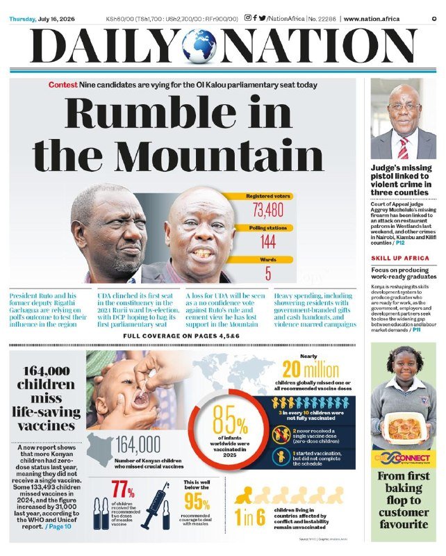 Front page of "Daily Nation" newspaper dated Thursday, July 16, 2026, featuring the headline "Rumble in the Mountain" with photos of two men and a separate story about a judge.
