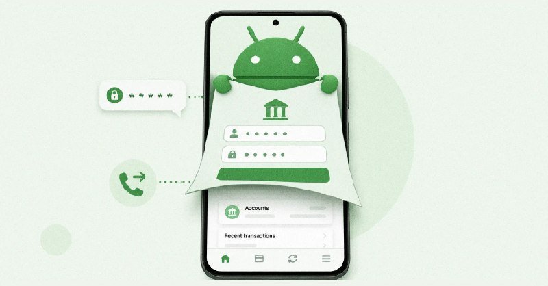 An illustration shows a smartphone displaying the Android mascot behind a bank login screen with password fields, alongside speech bubbles depicting a lock and a phone icon.