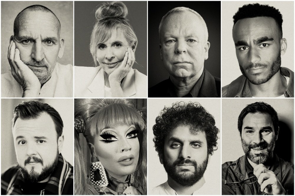 A black-and-white photo collage features eight individual headshots of people with varied expressions and poses against neutral backgrounds.
