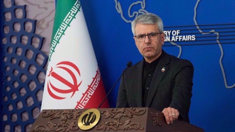 A gray-haired man in a dark suit stands at a podium beside an Iranian flag, with a blue backdrop displaying partial text reading "RY OF" and "IN AFFAIRS."
