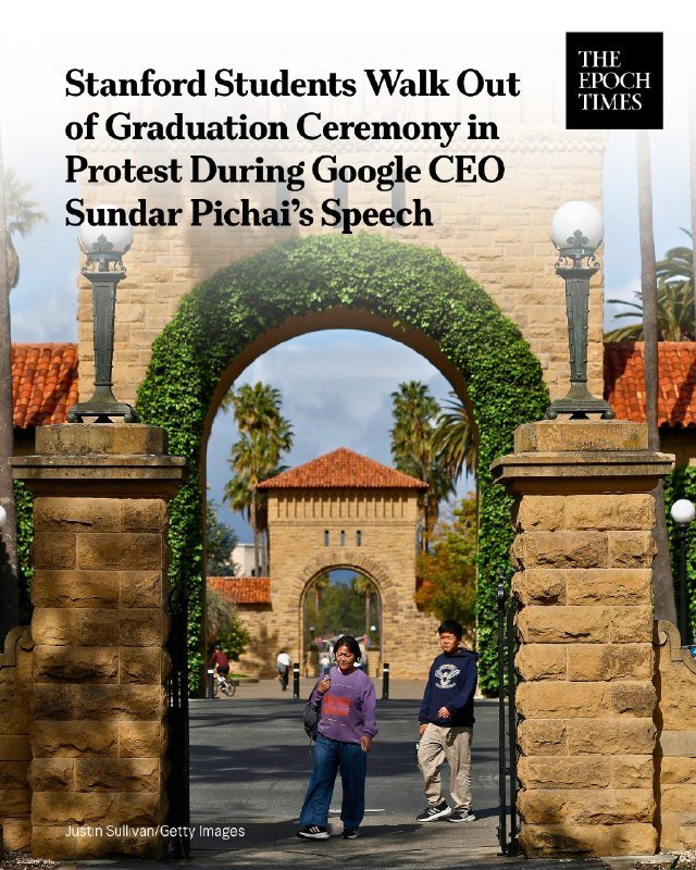 Two people walk through a sandstone archway draped in greenery, with a "The Epoch Times" logo and headline overlay reading "Stanford Students Walk Out of Graduation Ceremony in Protest During Google CEO Sundar Pichai's Speech."