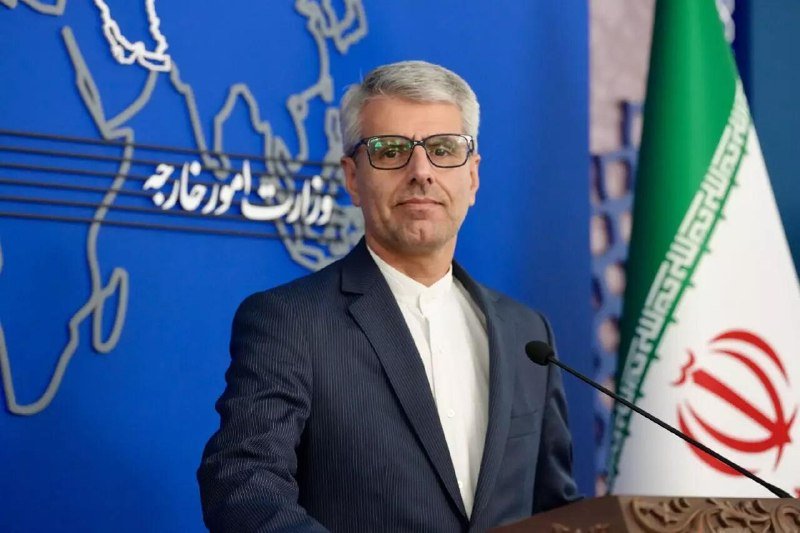 A gray-haired man in glasses and a dark suit stands at a microphone beside the flag of Iran in front of a blue backdrop.
