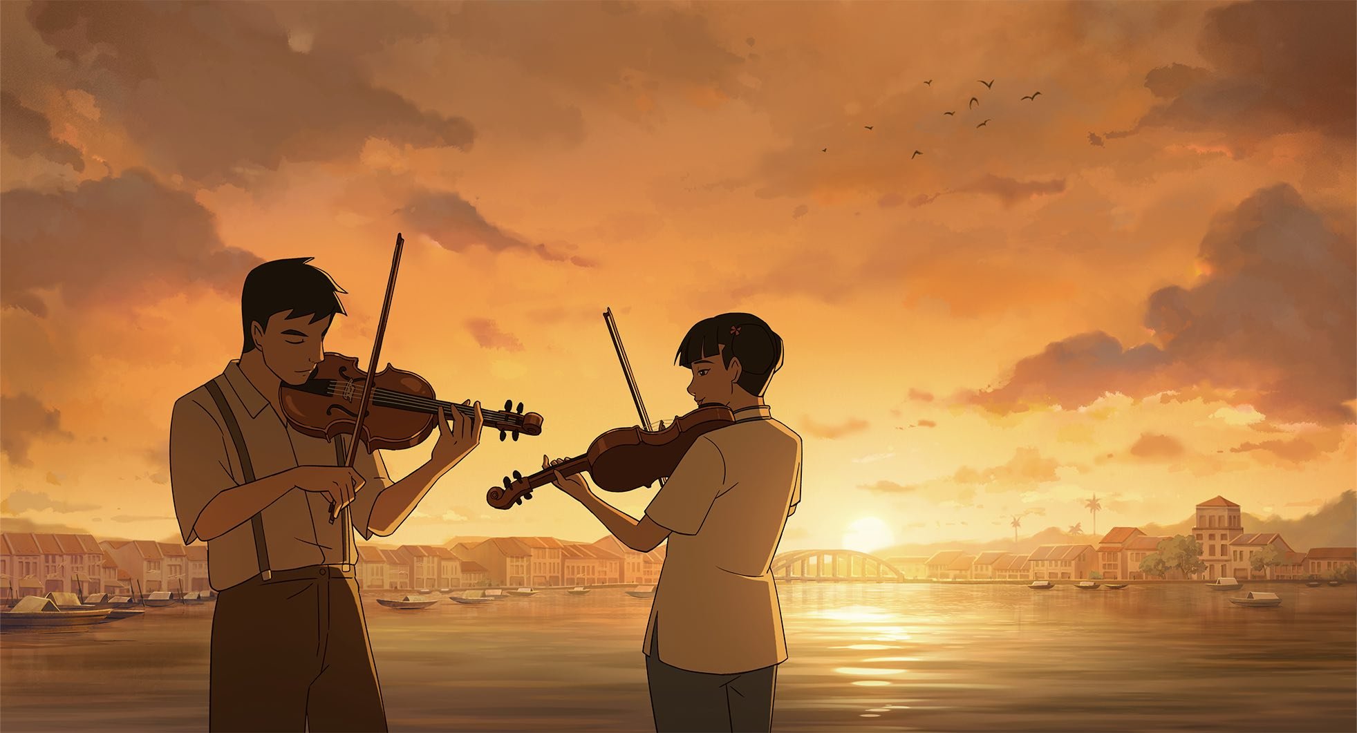 An animated illustration shows two figures playing violins while facing each other along a waterfront at sunset, with boats, buildings, and a bridge in the background.