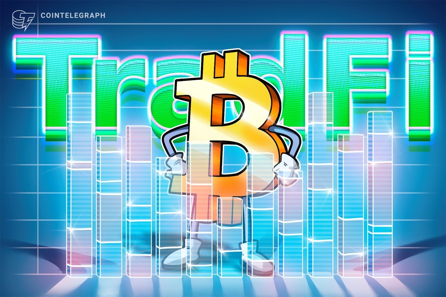Cointelegraph illustration showing an anthropomorphized golden Bitcoin character standing among glowing blue bar charts against a blue grid background.