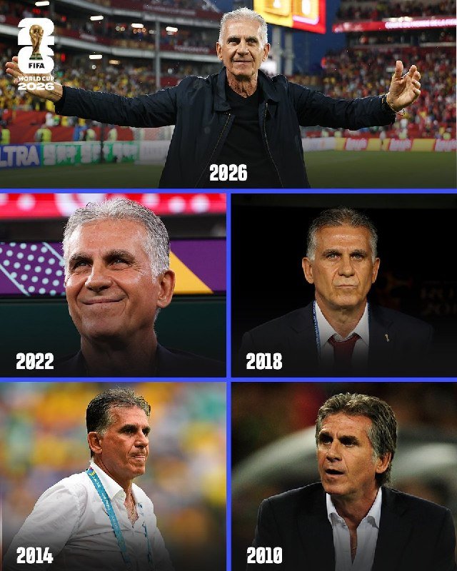 A photo collage shows the same gray-haired man in five panels labeled 2010, 2014, 2018, 2022, and 2026, with the top panel showing him standing on a soccer pitch with outstretched arms.