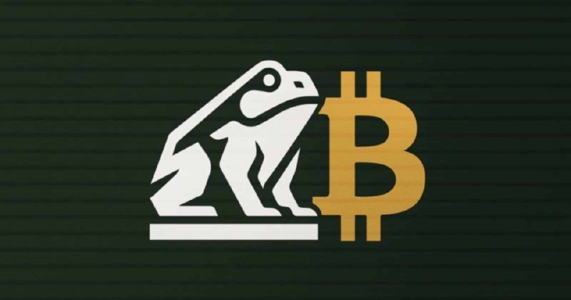 Graphic illustration showing a white stylized frog beside a gold Bitcoin symbol on a dark green background.