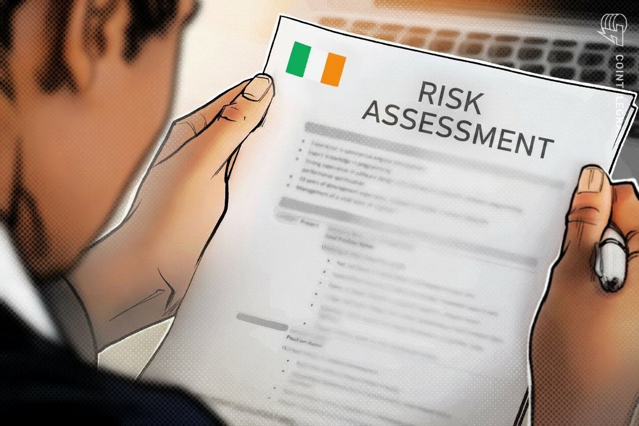Illustrated graphic showing a person holding a document titled "RISK ASSESSMENT" featuring an Irish flag and blurred text, with a laptop visible in the background.