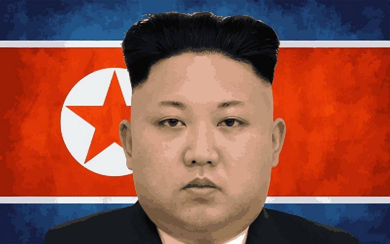 Illustrated portrait of a man in a dark suit against the North Korean flag, featuring its red star and blue and red stripes.