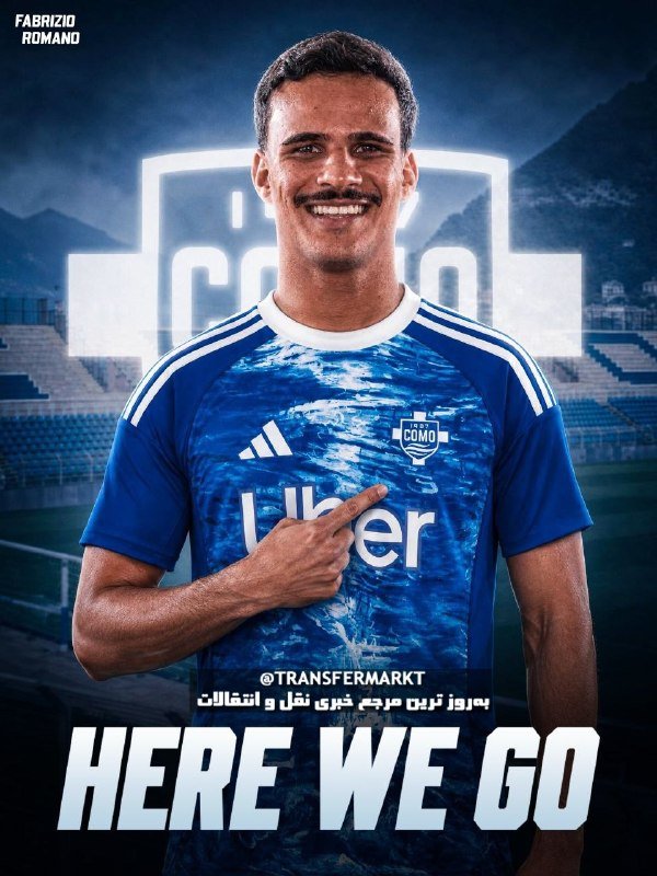 A smiling man wearing a blue Como soccer jersey points to the club crest, with a stadium backdrop and "HERE WE GO" text below.