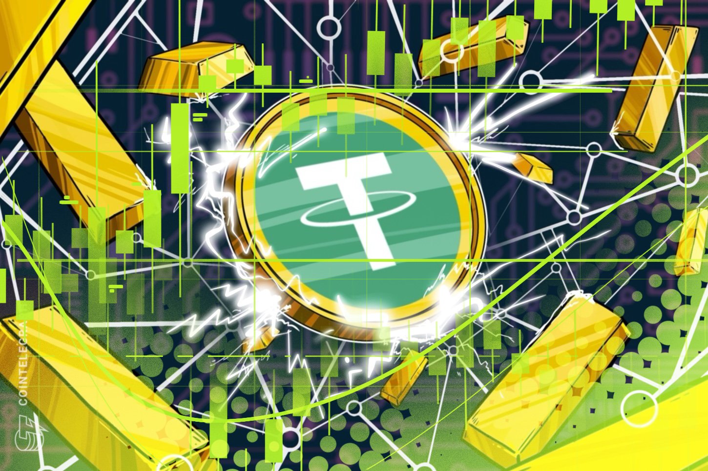 A digital illustration shows a green Tether (USDT) logo coin at the center, surrounded by gold bars, green candlestick charts, and network connection lines against a circuit-board background.