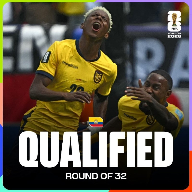 Two soccer players in yellow jerseys celebrate with shouts, overlaid with text reading "QUALIFIED ROUND OF 32" and a "FIFA WORLD CUP 2026" logo.