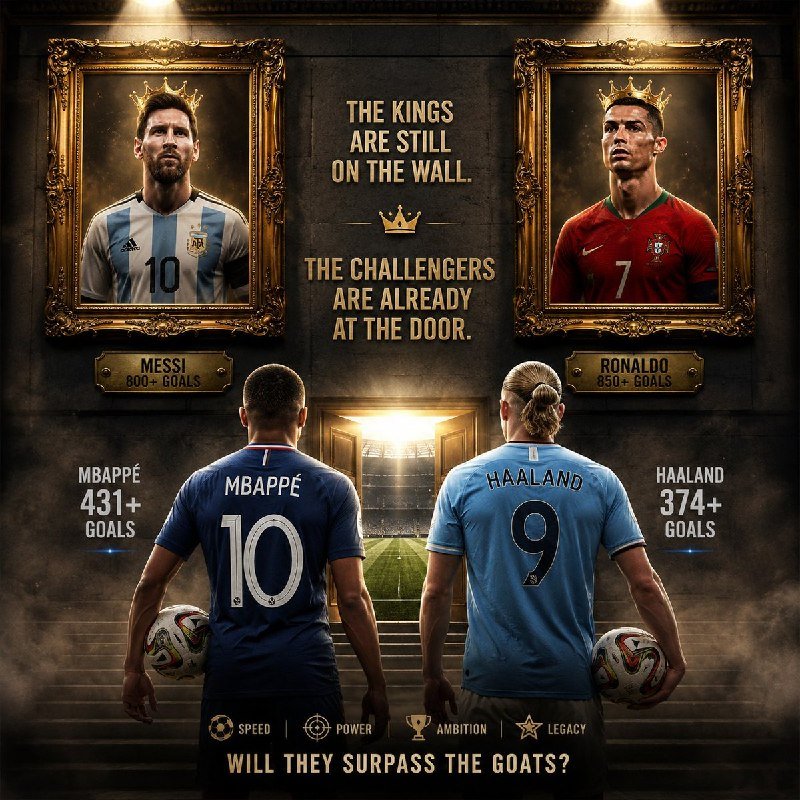 A graphic illustration shows two crowned portraits labeled "Messi 800+ Goals" and "Ronaldo 850+ Goals" above two football players labeled "Mbappé 431+ Goals" and "Haaland 374+ Goals," with text reading "The Kings Are Still on the Wall. The Challengers Are Already at the Door."