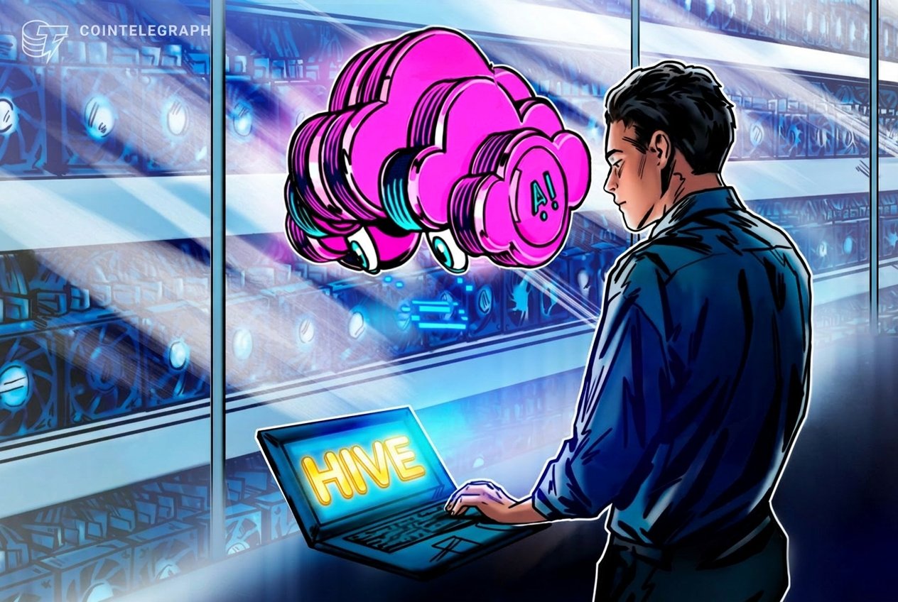 Illustration: a man uses a laptop displaying "HIVE" while facing a pink cloud labeled "AI" amid blue server racks, with "Cointelegraph" in the corner.