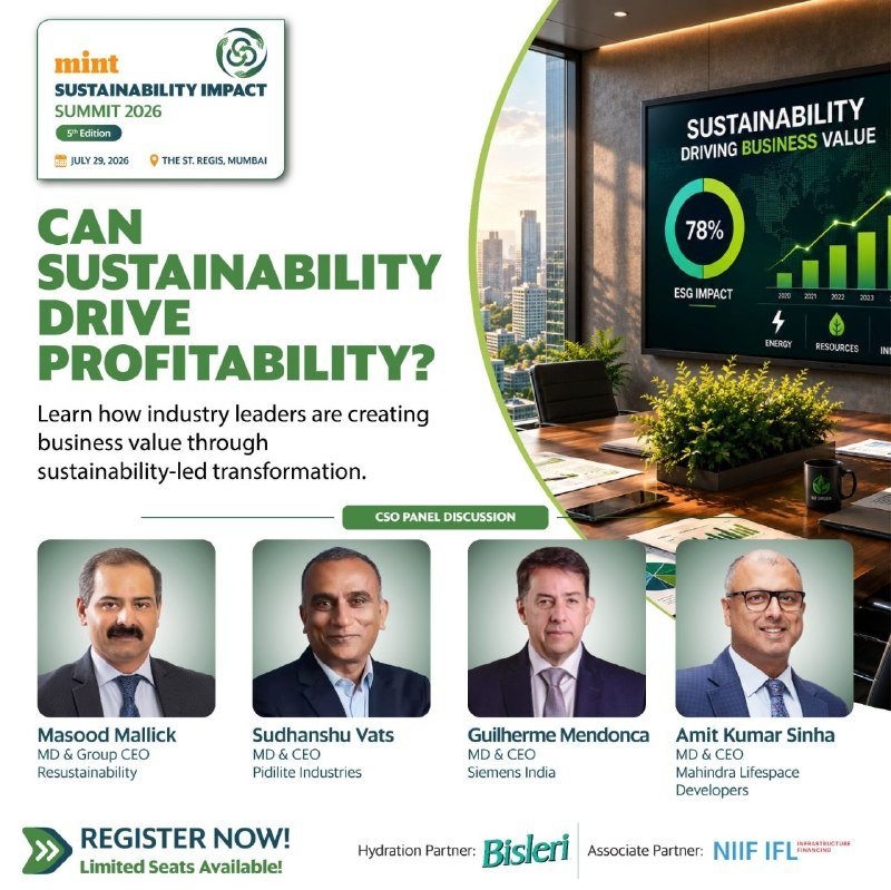 Promotional graphic for the "Mint Sustainability Impact Summit 2026" on July 29, 2026, featuring four headshots of male executives and a conference room with an ESG data display.