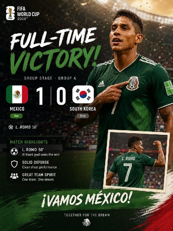 A FIFA World Cup 2026 graphic declares "Full-Time Victory!" showing Mexico defeating South Korea 1-0 in Group A, featuring a player in a green Mexico jersey pointing to his badge.