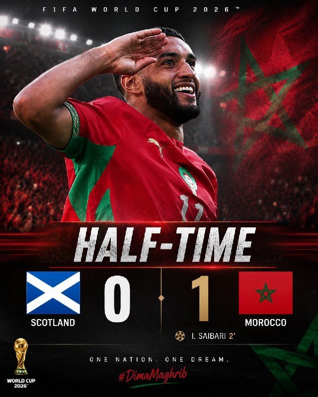 A digital FIFA World Cup 2026 graphic shows a saluting player in a red Morocco jersey, with the half-time score: Scotland 0, Morocco 1.