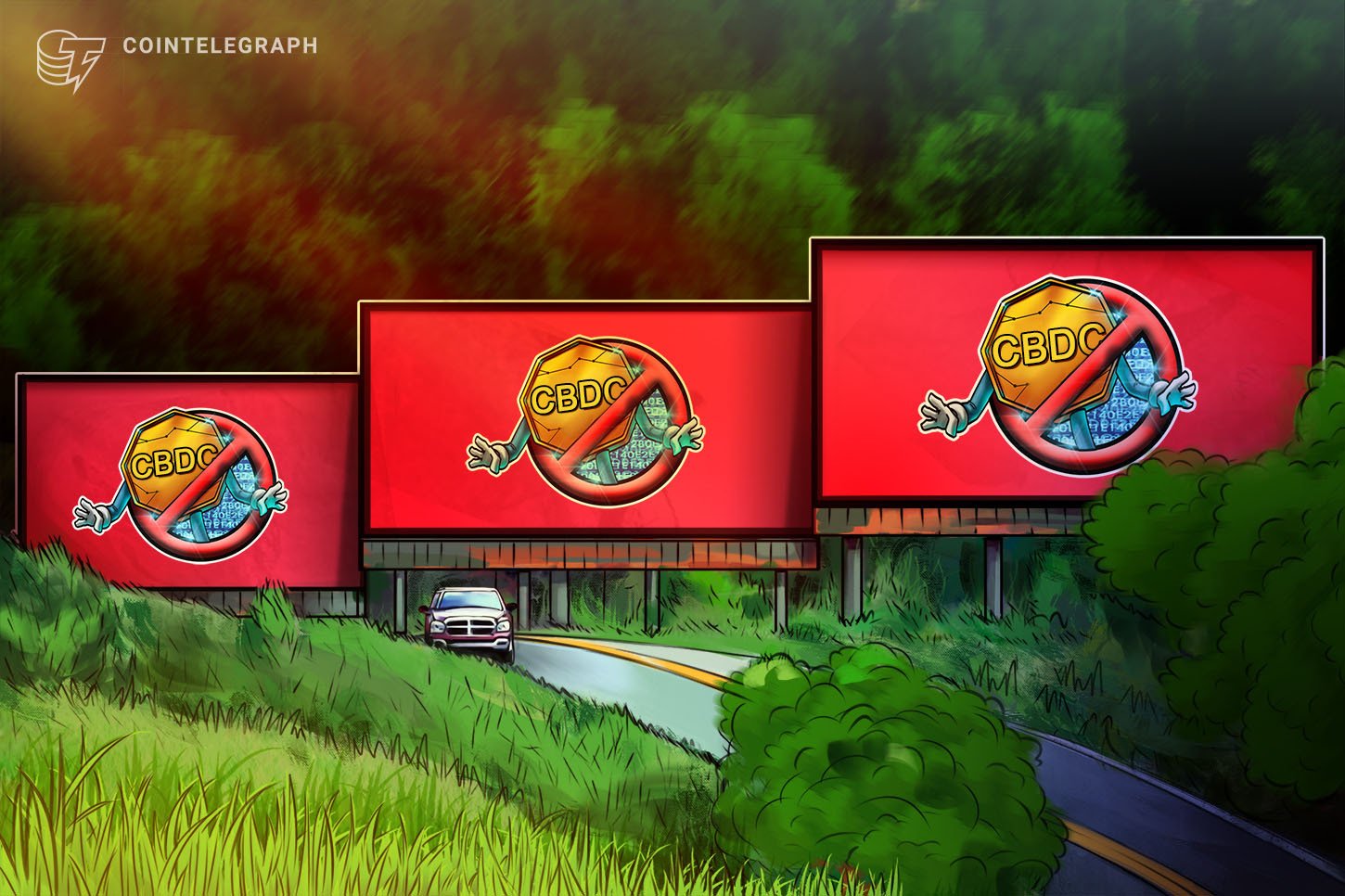 Cointelegraph illustration showing three red billboards along a forested road displaying a gold "CBDC" coin with a prohibition symbol.