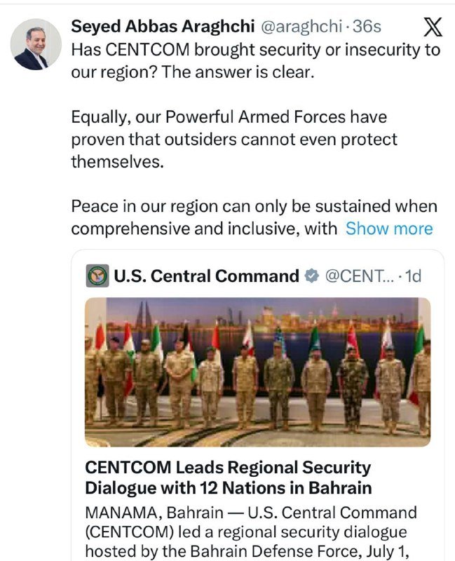 A screenshot of a tweet by Seyed Abbas Araghchi replying to a U.S. Central Command post about a regional security dialogue in Bahrain.