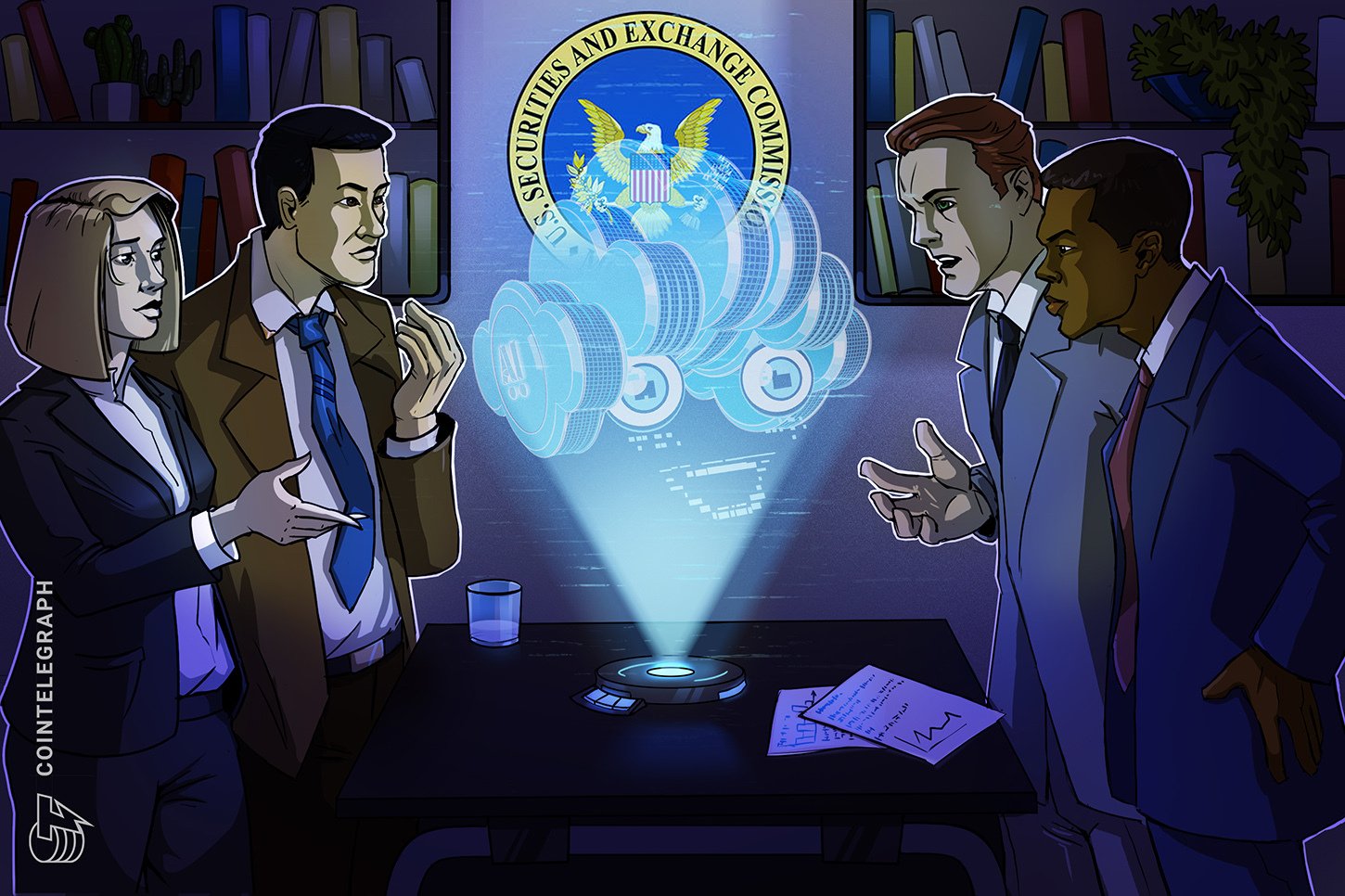 An illustration shows four people in business attire gathered around a table with a hologram projecting stacked coins beneath a U.S. Securities and Exchange Commission seal.