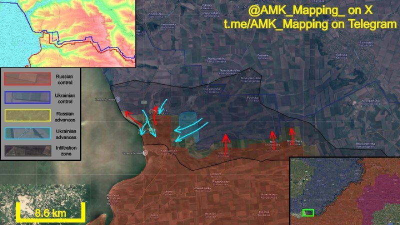 A satellite map graphic labeled "@AMK_Mapping" displays red and blue arrows indicating Russian and Ukrainian advances and control zones across a rural landscape, with an 8.8 km scale bar.
