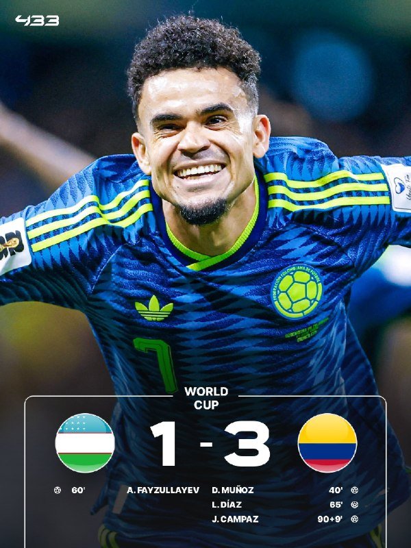 A graphic shows a smiling soccer player in a blue number 7 jersey celebrating, with a World Cup scoreboard below displaying Uzbekistan 1-3 Colombia, listing goal scorers and minutes.