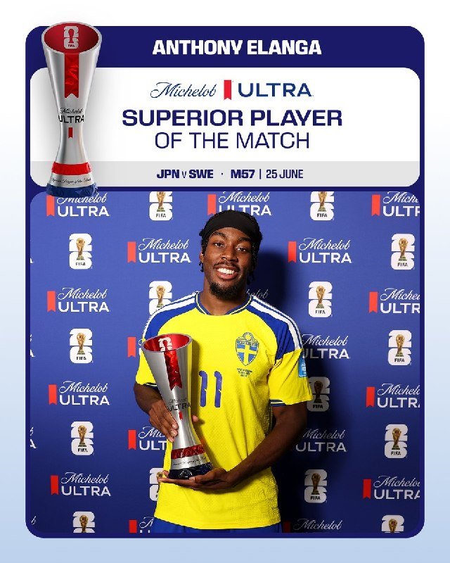 A player in a yellow Sweden jersey holds a "Michelob ULTRA Superior Player of the Match" trophy in front of a branded backdrop.