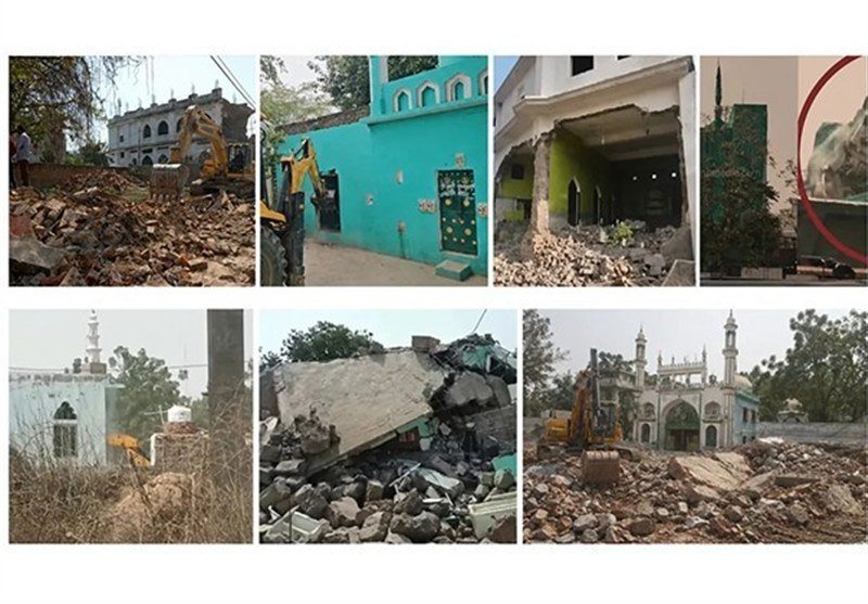 Excavators demolish a green-walled mosque with white minarets, reducing it to piles of rubble and broken concrete across multiple views.
