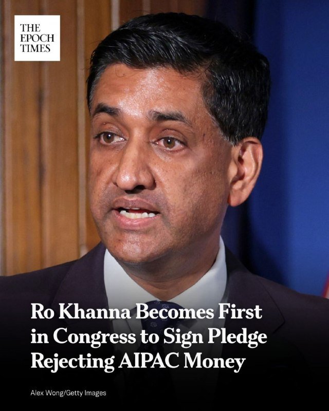 A man in a dark suit and tie speaks, with a "The Epoch Times" logo and headline reading "Ro Khanna Becomes First in Congress to Sign Pledge Rejecting AIPAC Money."