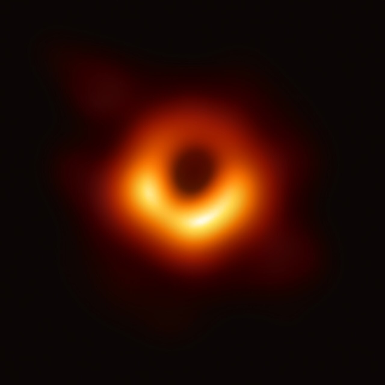 The first directly imaged silhouette of a supermassive compact object, captured by the Event Horizon Telescope and released in April 2019.