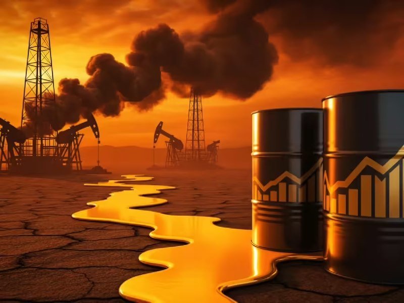 Stylized illustration showing oil derricks, smokestacks, and oil barrels against an orange sunset, with liquid flowing across cracked earth.